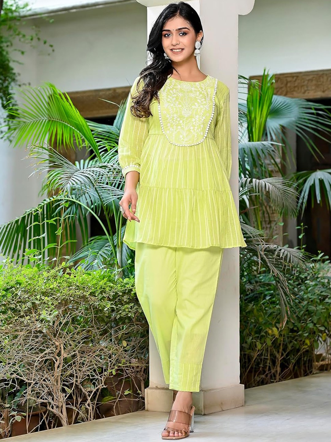 

PUKHYA Ethnic Motifs Embroidered Pleated Pure Cotton A-line Kurti With Trousers, Green
