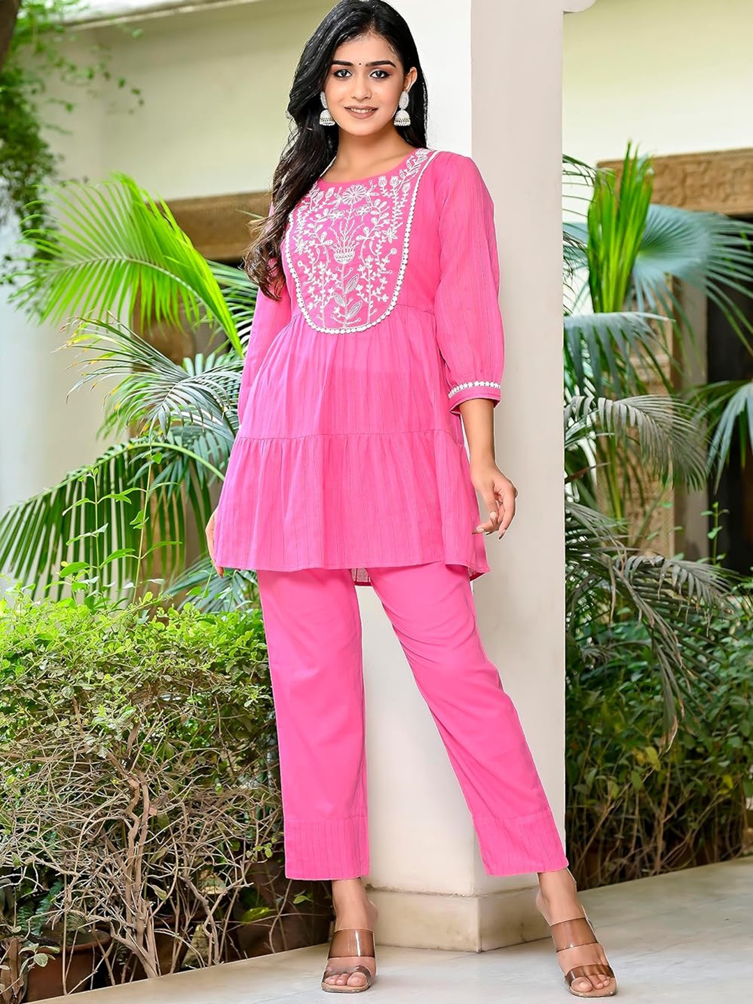 

PUKHYA Ethnic Motifs Embroidered Pleated Dobby Pure Cotton A-line Kurti With Trousers, Pink