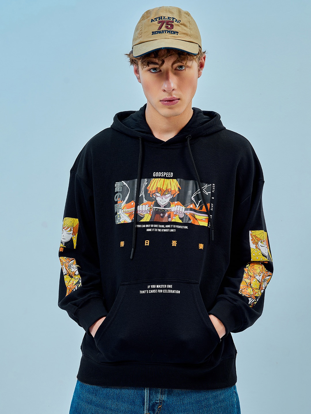 

Bewakoof Zenitsu Graphic Printed Drop Shoulder Sleeves Hooded Cotton Oversized Pullover, Black