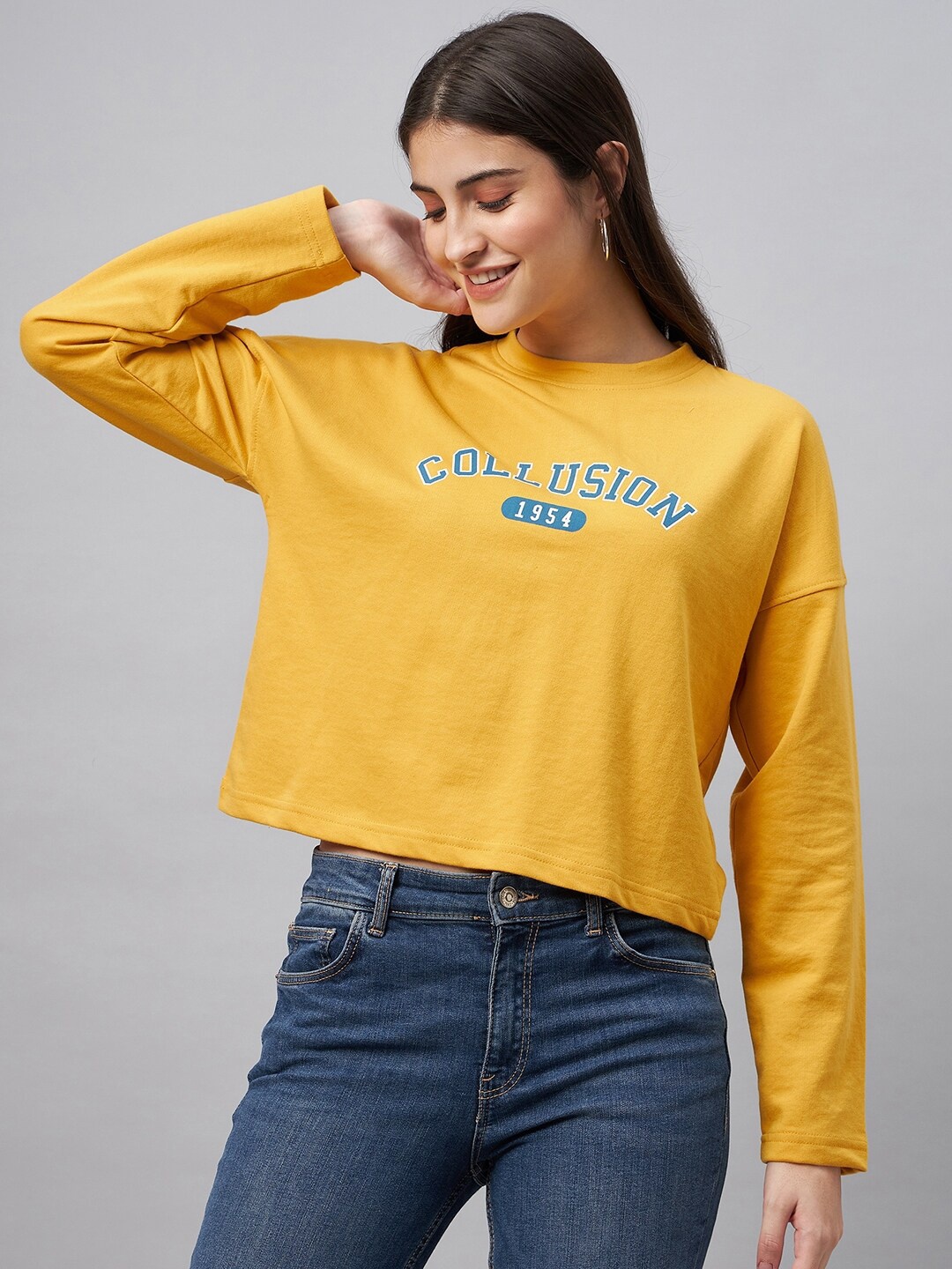 

Club York Typography Printed Round Neck Long Sleeves Cotton Terry Pullover Sweatshirt, Yellow