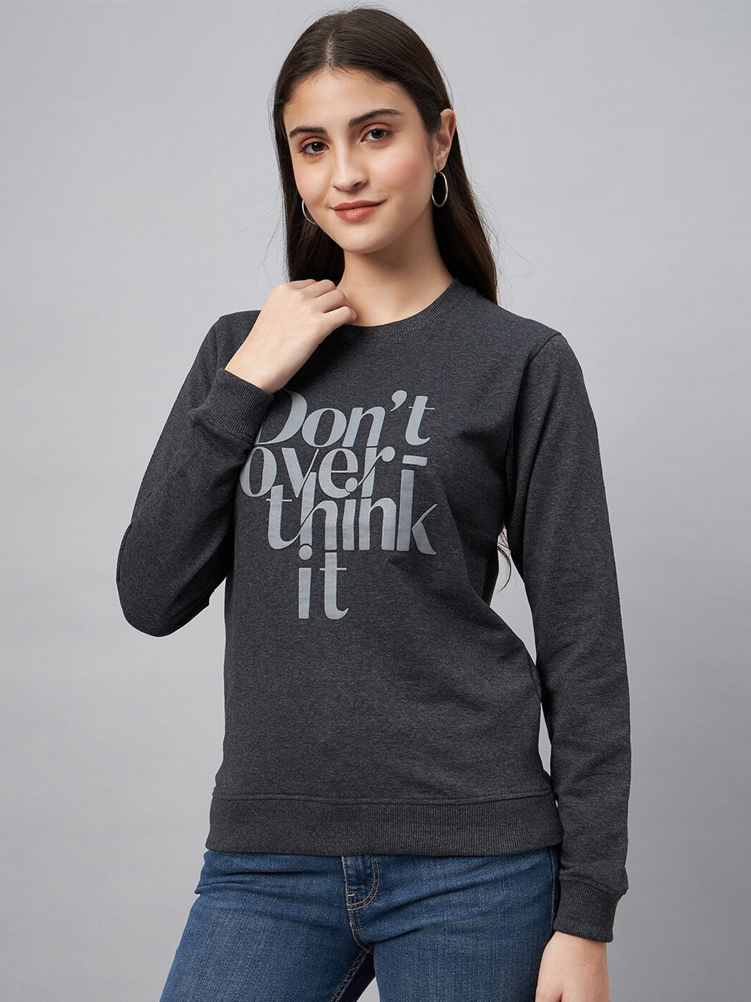 

Club York Typography Printed Round Neck Long Sleeves Cotton Terry Pullover Sweatshirt, Grey