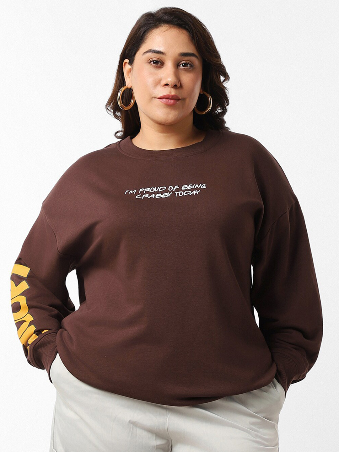 

Bewakoof Plus Plus Size Typography Printed Drop-Shoulder Sleeves Fleece Sweatshirt, Maroon