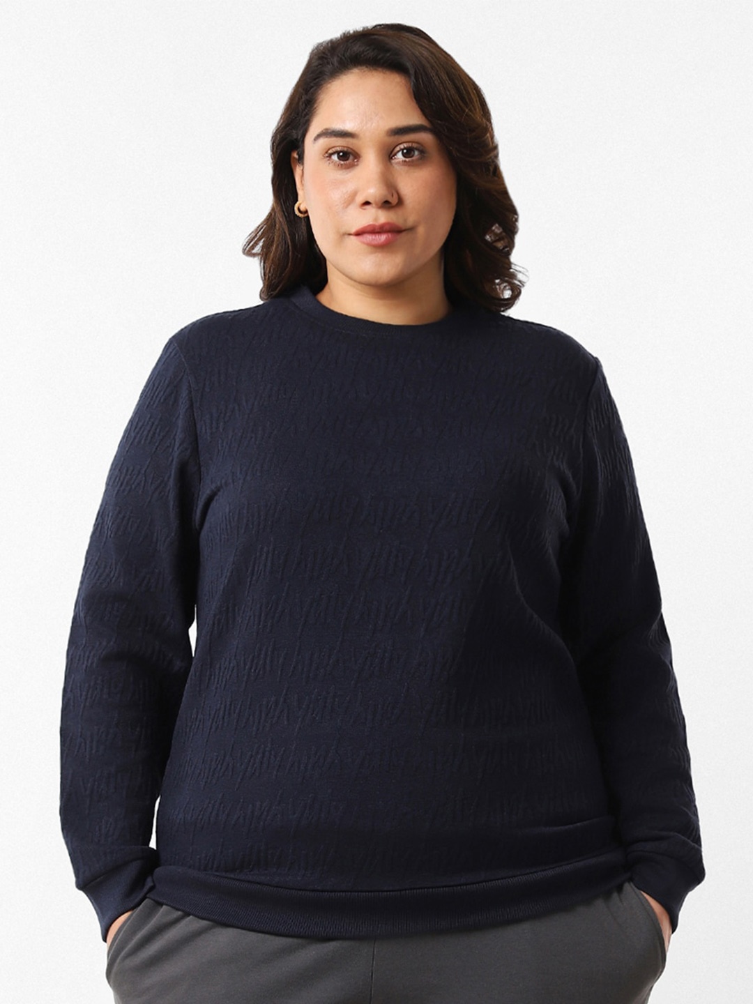 

Bewakoof Plus Plus Size Self Designed Round Neck Sweatshirt, Blue