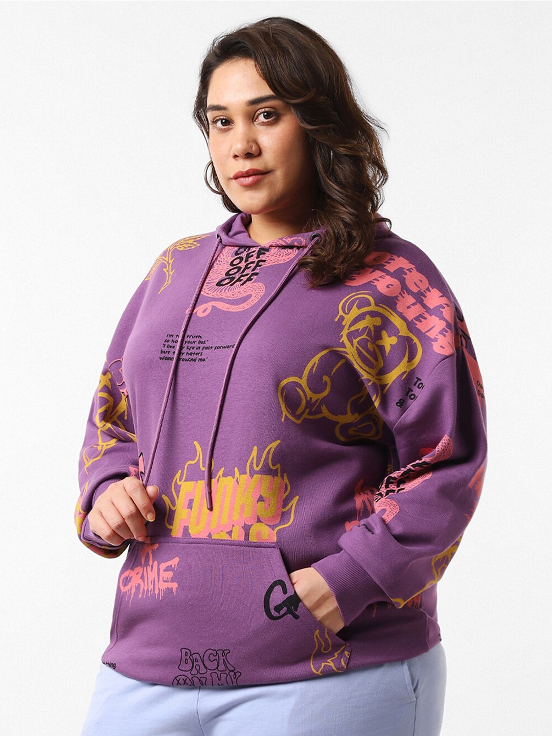 

Bewakoof Plus Plus Size Graphic Printed Hooded Cotton Sweatshirt, Purple