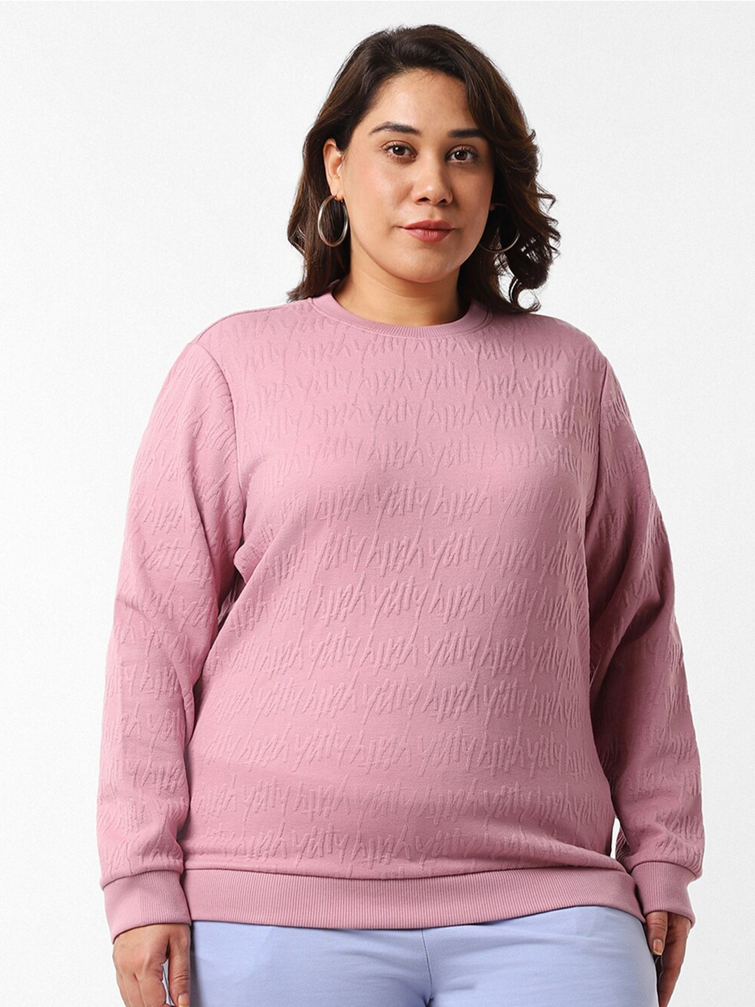 

Bewakoof Plus Plus Size Self Designed Round Neck Sweatshirt, Pink