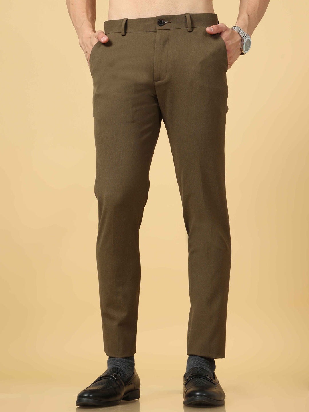 

Tailoraedge Men Relaxed Formal Trousers, Olive