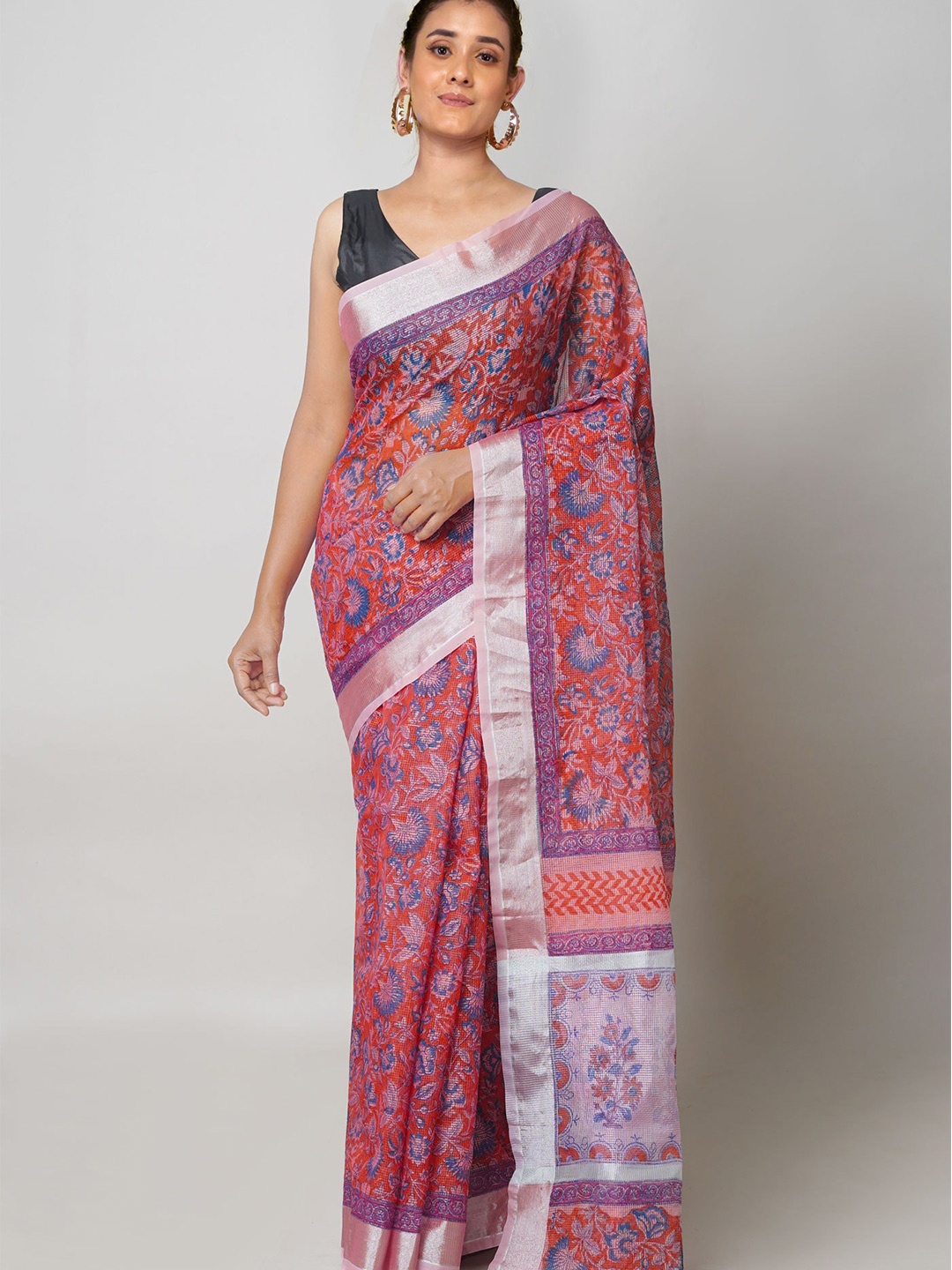 

Unnati Silks Ethnic Motifs Printed Zari Pure Cotton Kota Saree, Red