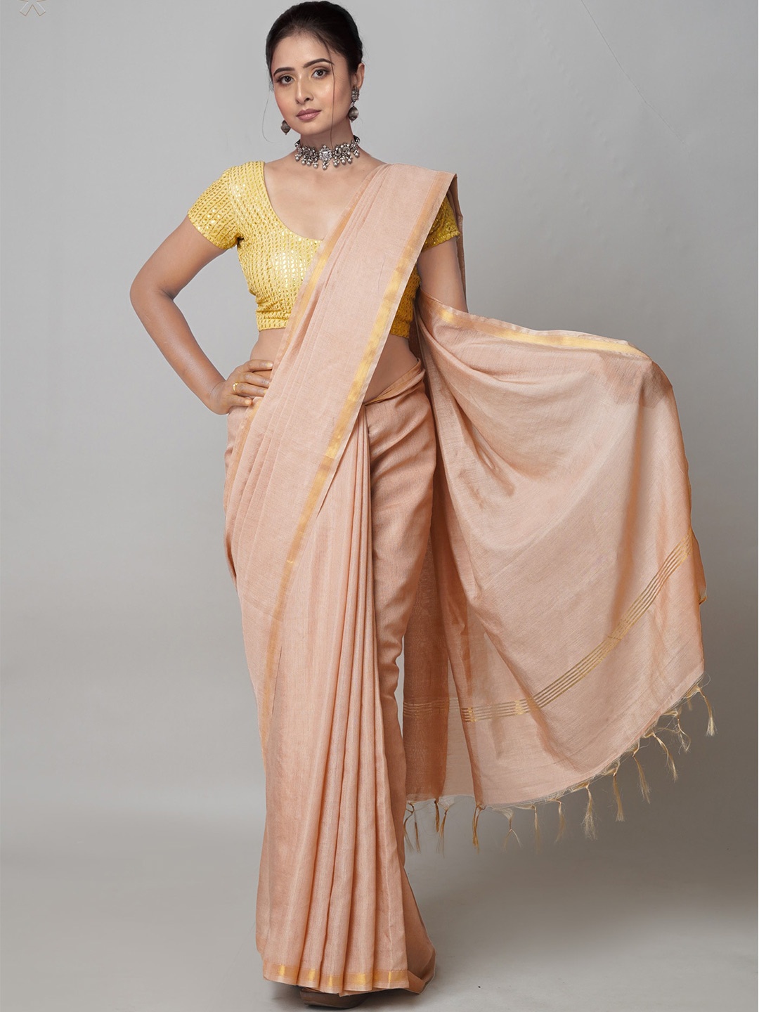 

Unnati Silks Zari Silk Cotton Chanderi Saree, Brown