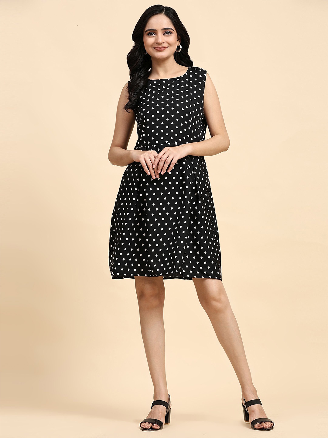 

RACHNA Polka Dot Printed A-Line Dress, Black