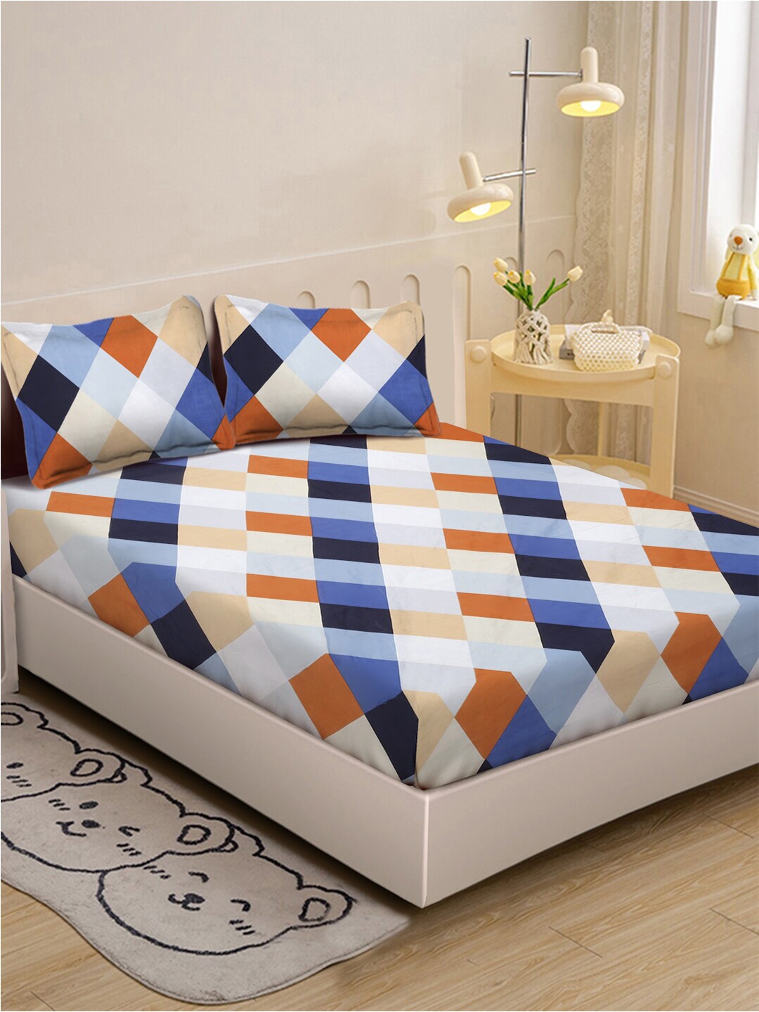 

KLOTTHE White & Blue Geometric Printed 300TC Single Bedsheet With 2 Pillow Covers
