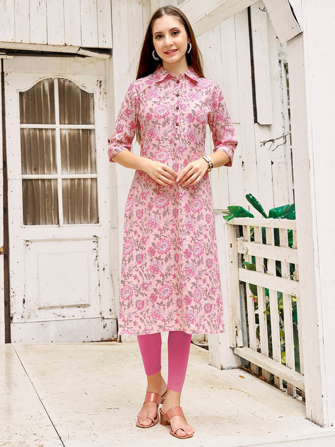 

Anouk Pink Floral Printed Straight Pure Cotton Straight Kurta