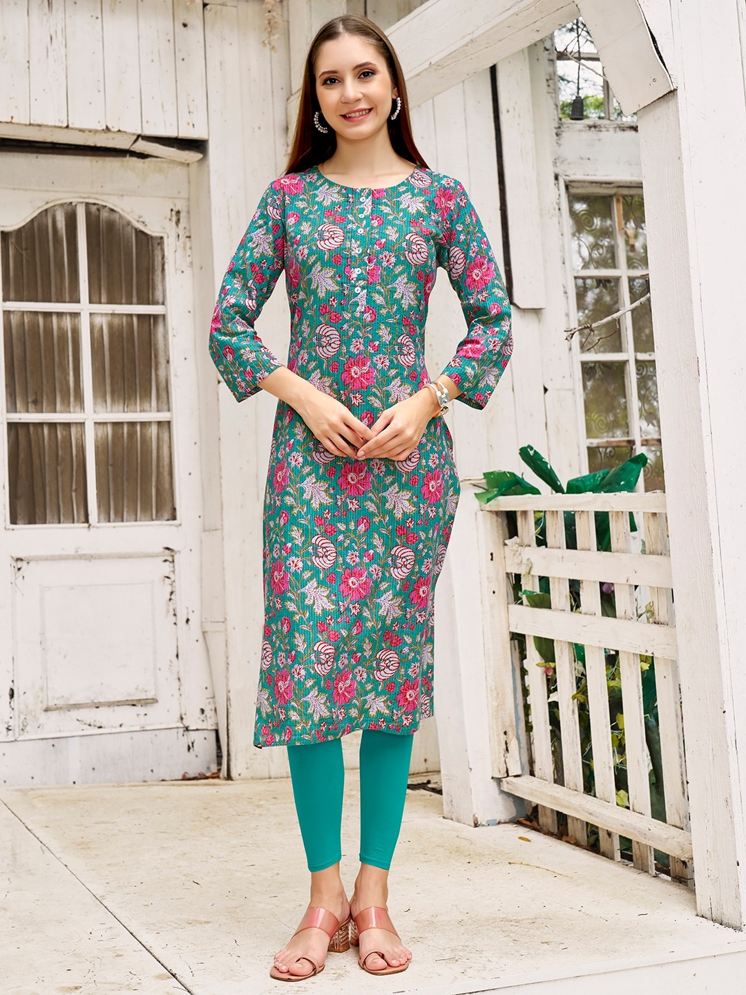

Anouk Ethnic Motifs Printed Pure Cotton Kurta, Teal