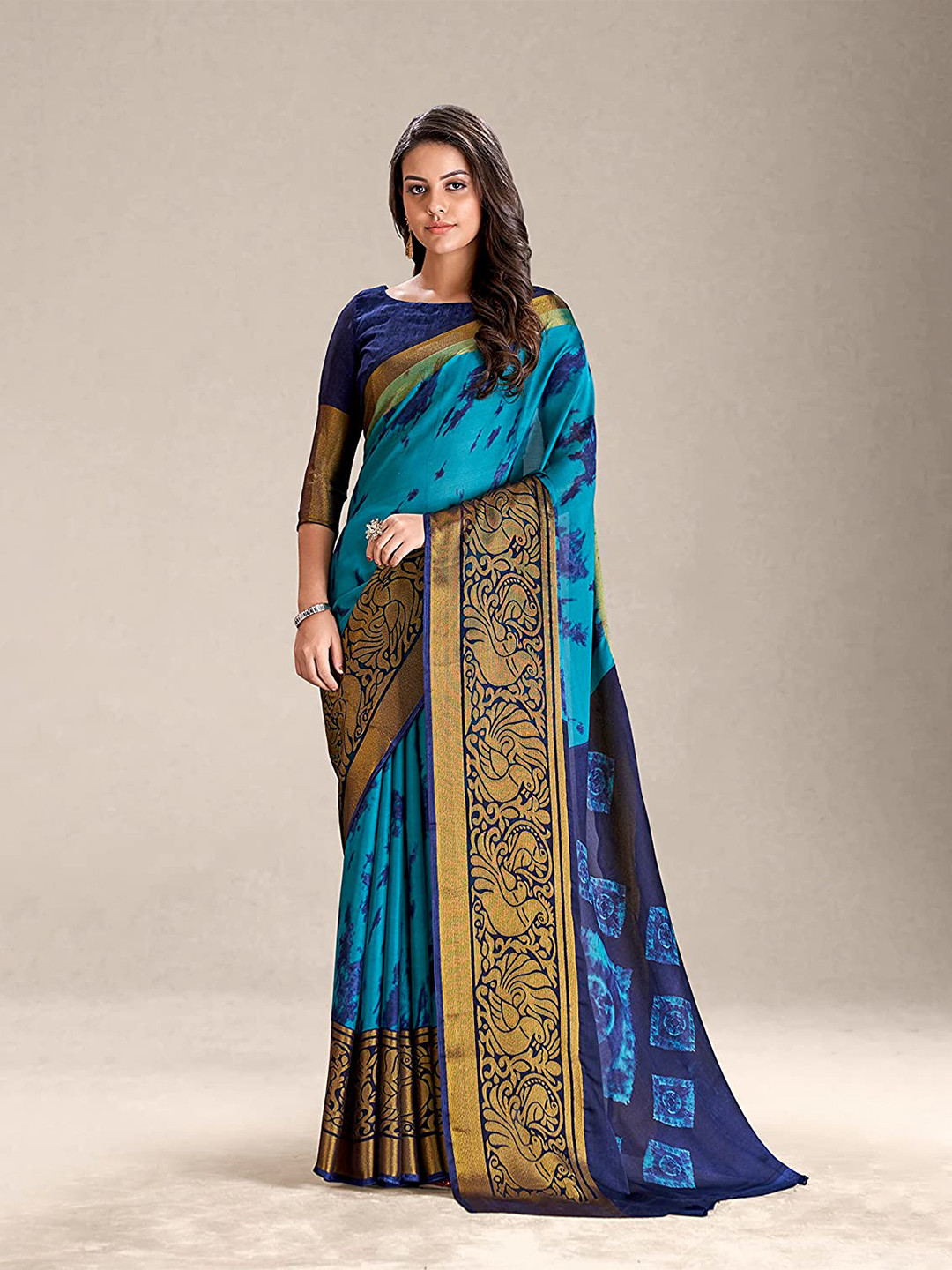 

KALINI Abstract Printed Zari Detailed Pure Chiffon Saree, Blue