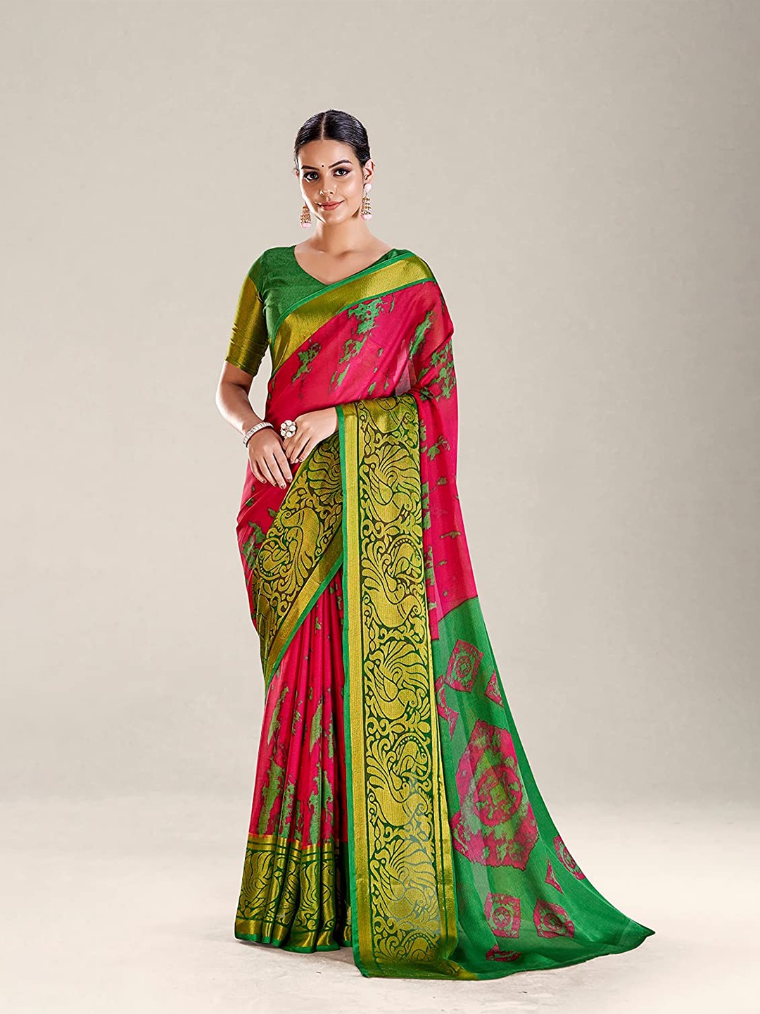 

KALINI Abstract Printed Zari Detailed Pure Chiffon Saree, Red