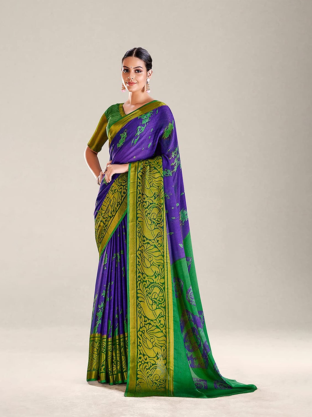 

KALINI Abstract Printed Zari Detailed Pure Chiffon Saree, Violet