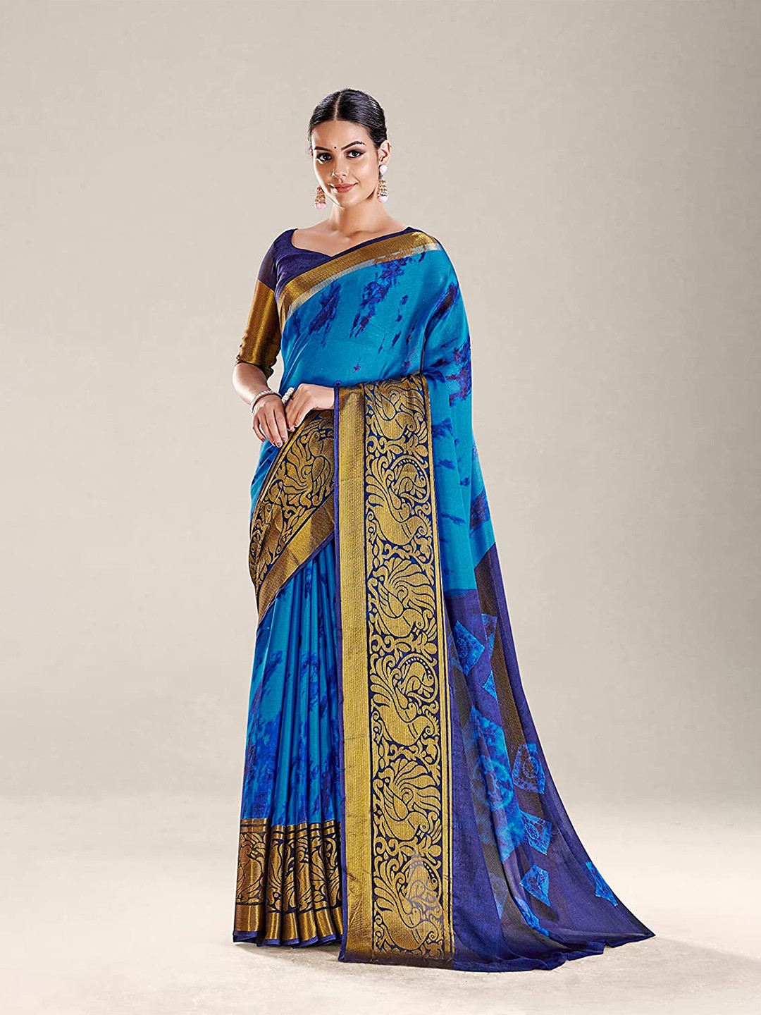 

KALINI Abstract Printed Zari Detailed Pure Chiffon Saree, Blue