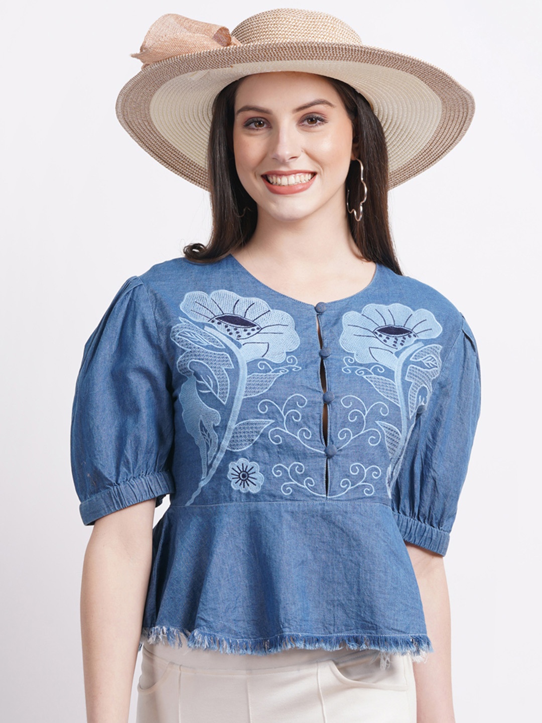 

SUMAVI-FASHION Floral Embroidered Puff Sleeve Organic Cotton Denim Peplum Top, Blue