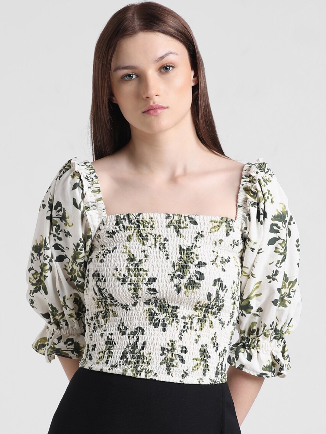 

ONLY Floral Print Puff Sleeves Top, White