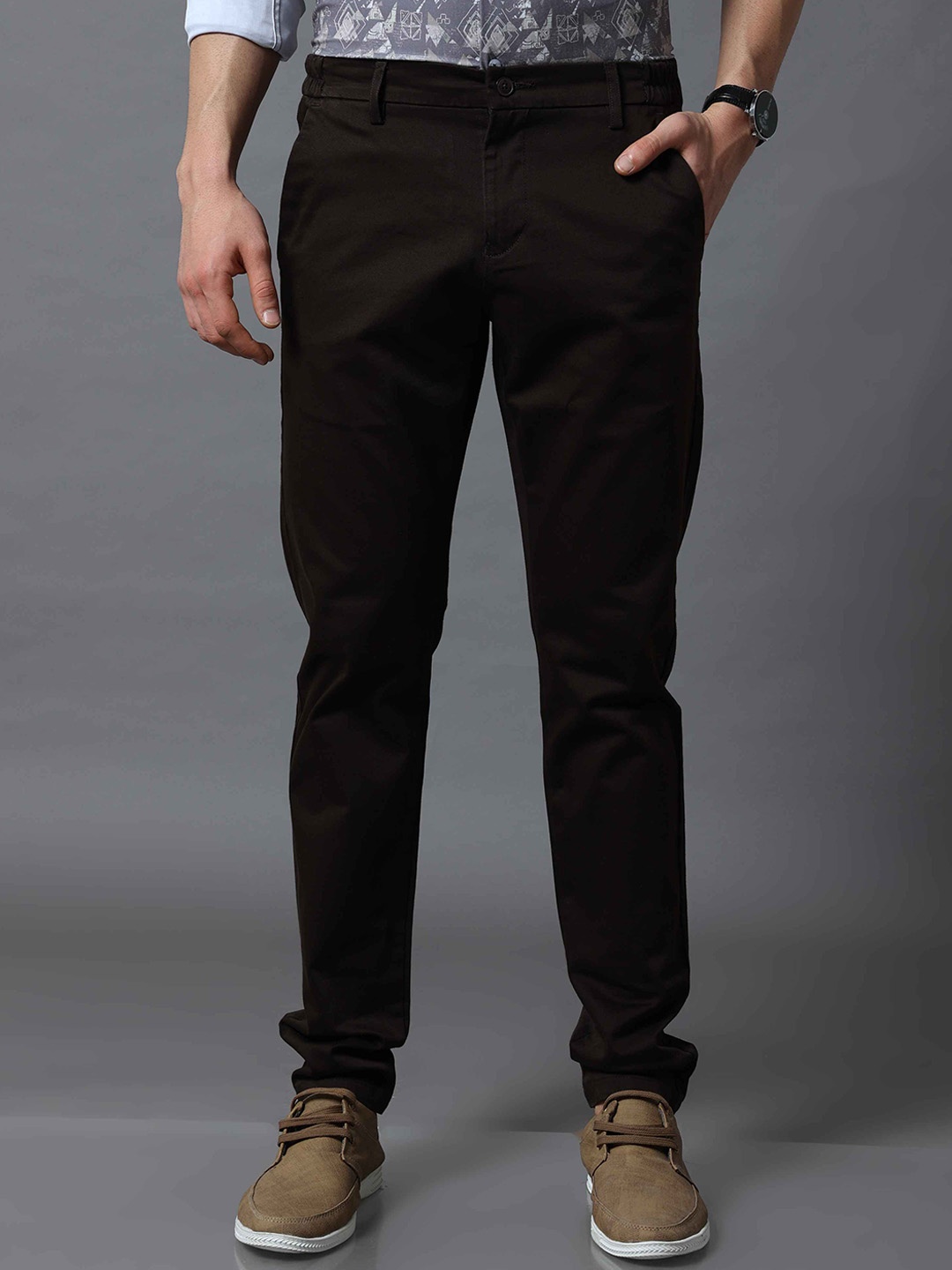Tailoraedge Men Mid-Rise Tailored Chinos Trousers, Brown
