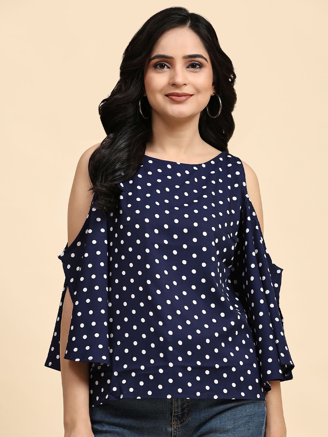 

RACHNA Polka Dot Printed Boat Neck Cold-Shoulder Sleeves Top, Blue