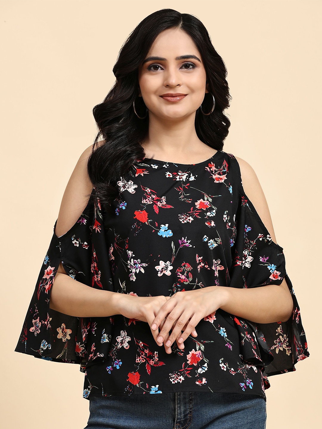 

RACHNA Floral Printed Boat Neck Cold-Shoulder Sleeves Top, Black