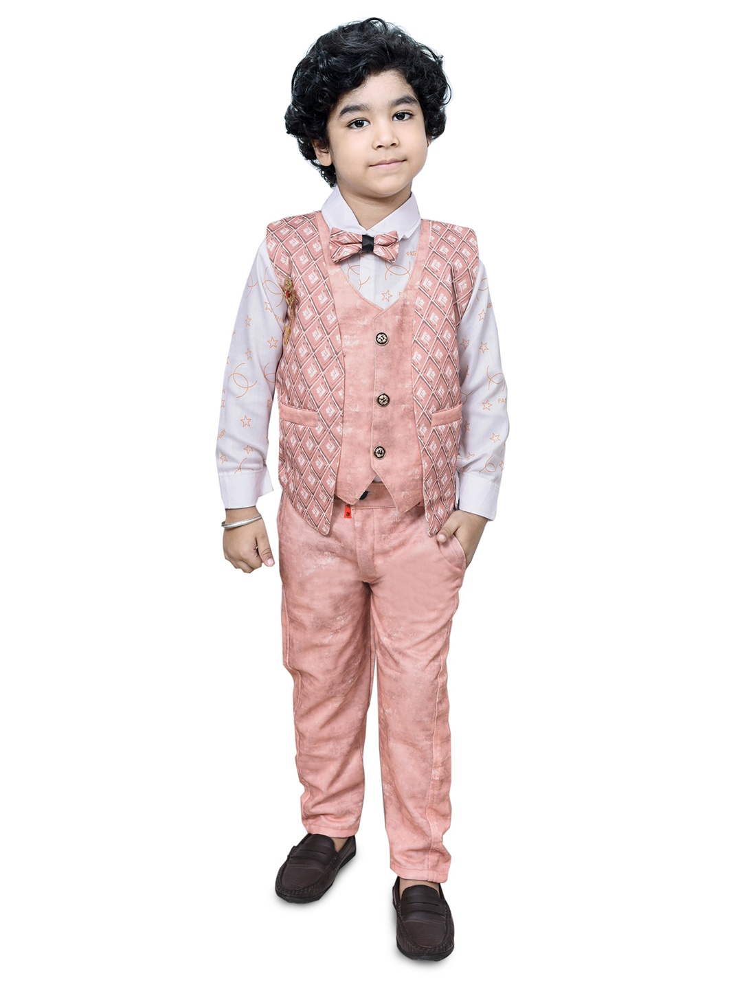 

BAESD Boys Geometric Printed Pure Cotton 3 Piece Shirt With Trousers & Waistcoat, Peach