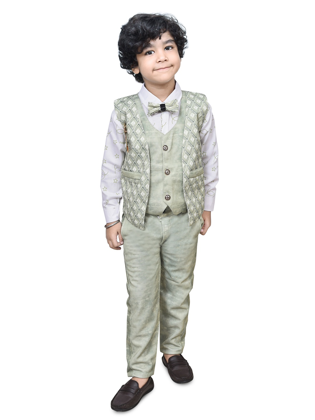 

BAESD Boys Geometric Printed 3 Piece Pure Cotton Shirt With Trousers & Waistcoat, Green