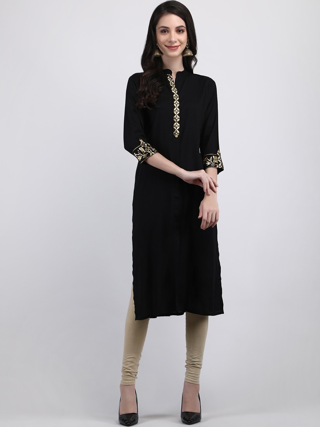 

ADAA JAIPUR Mandarin Collar Three-Quarter Sleeve Straight Kurta, Black