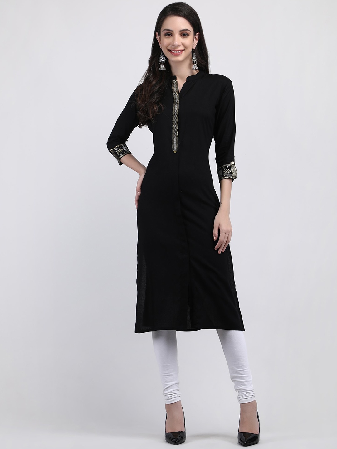 

ADAA JAIPUR Mandarin Collar Three-Quarter Sleeve Straight Kurta, Black