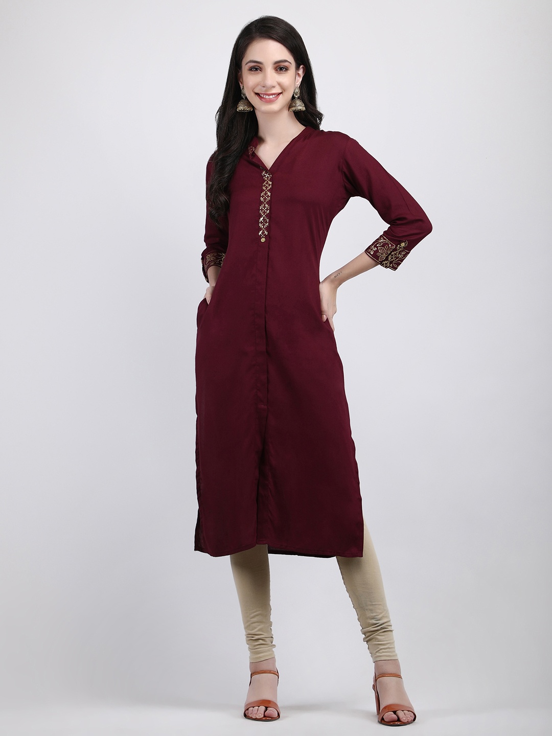 

ADAA JAIPUR Mandarin Collar Three-Quarter Sleeve Straight Kurta, Maroon