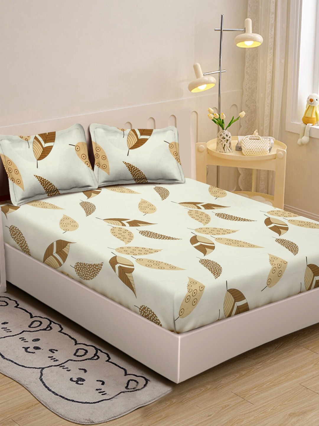 

KLOTTHE White & Brown Floral Printed 300 TC Fitted Single Bedsheet With 2 Pillow Covers