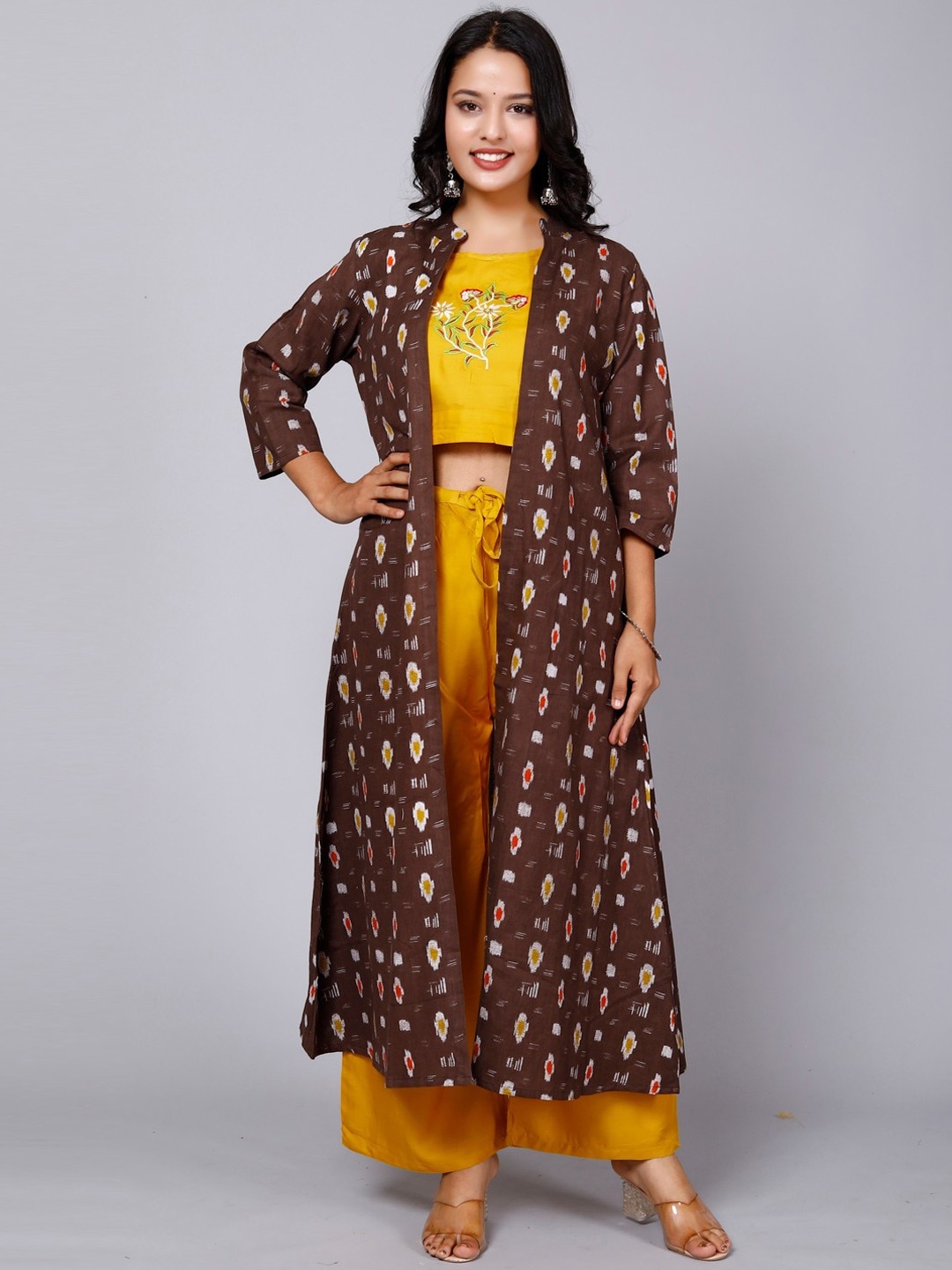 

Miramaar Embroidered Crop Top & Palazzos With Ikat Printed Longline A-Line Shrug, Mustard