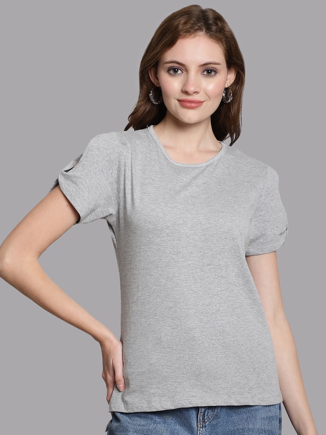 

FBAR Slit Sleeves Pure Cotton High-Low Top, Grey