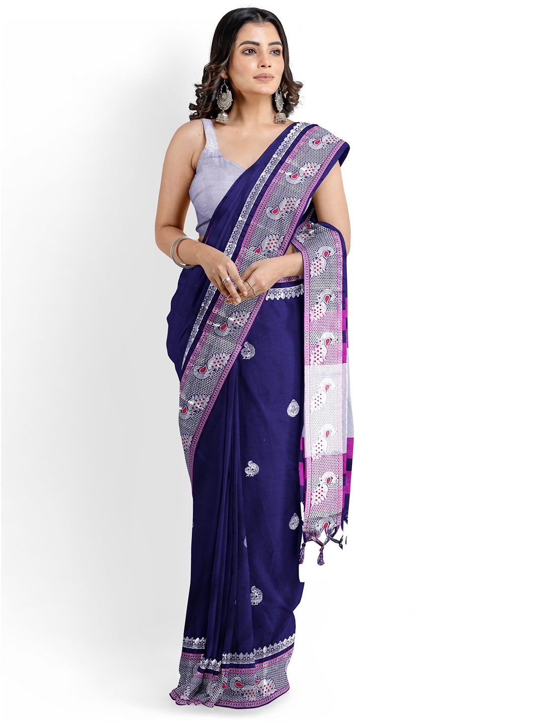 

Grubstaker Woven Design Zari Silk Cotton Paithani Saree, Navy blue