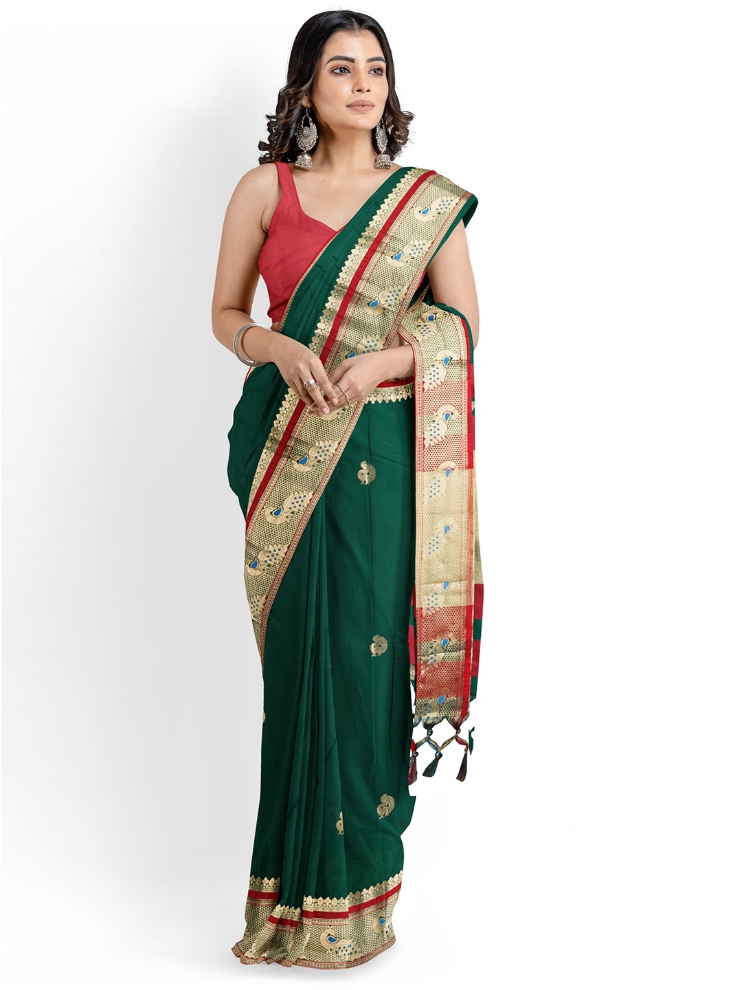 

Grubstaker Woven Design Zari Silk Cotton Paithani Saree, Green