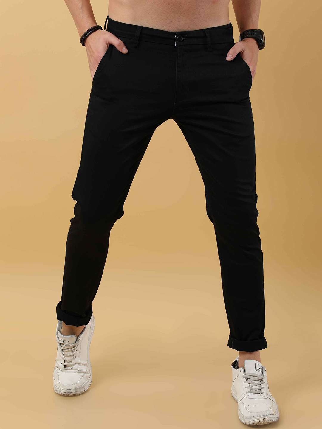 Tailoraedge Men Tailored Mid-Rise Chinos Trousers, Black