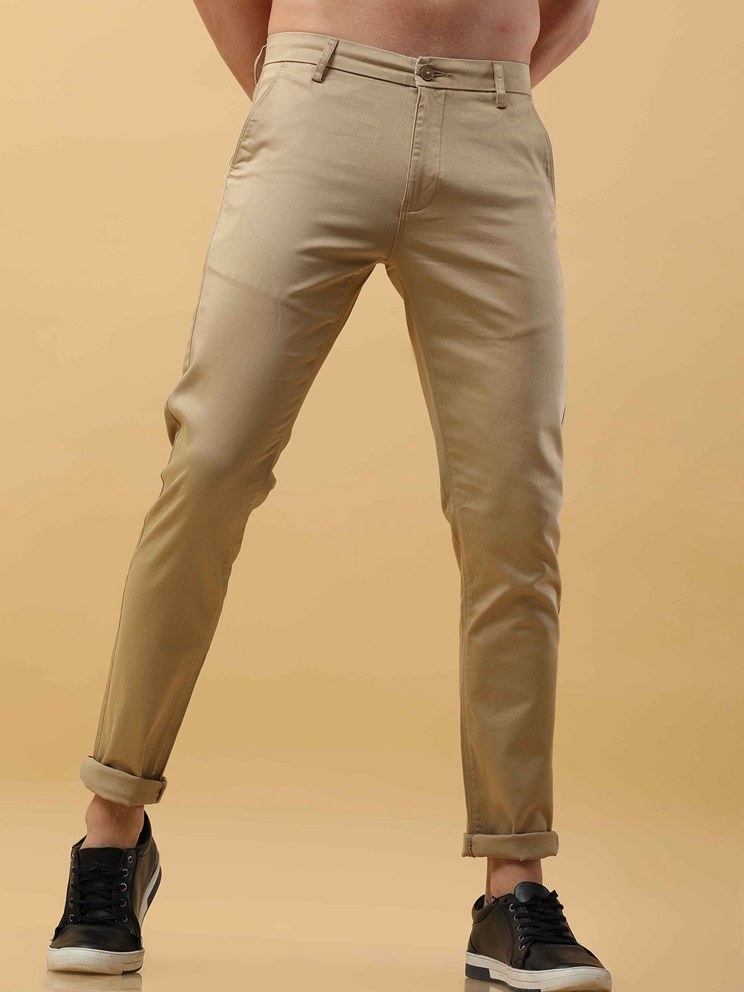 Tailoraedge Men Mid-Rise Tailored Chinos Trousers, Khaki