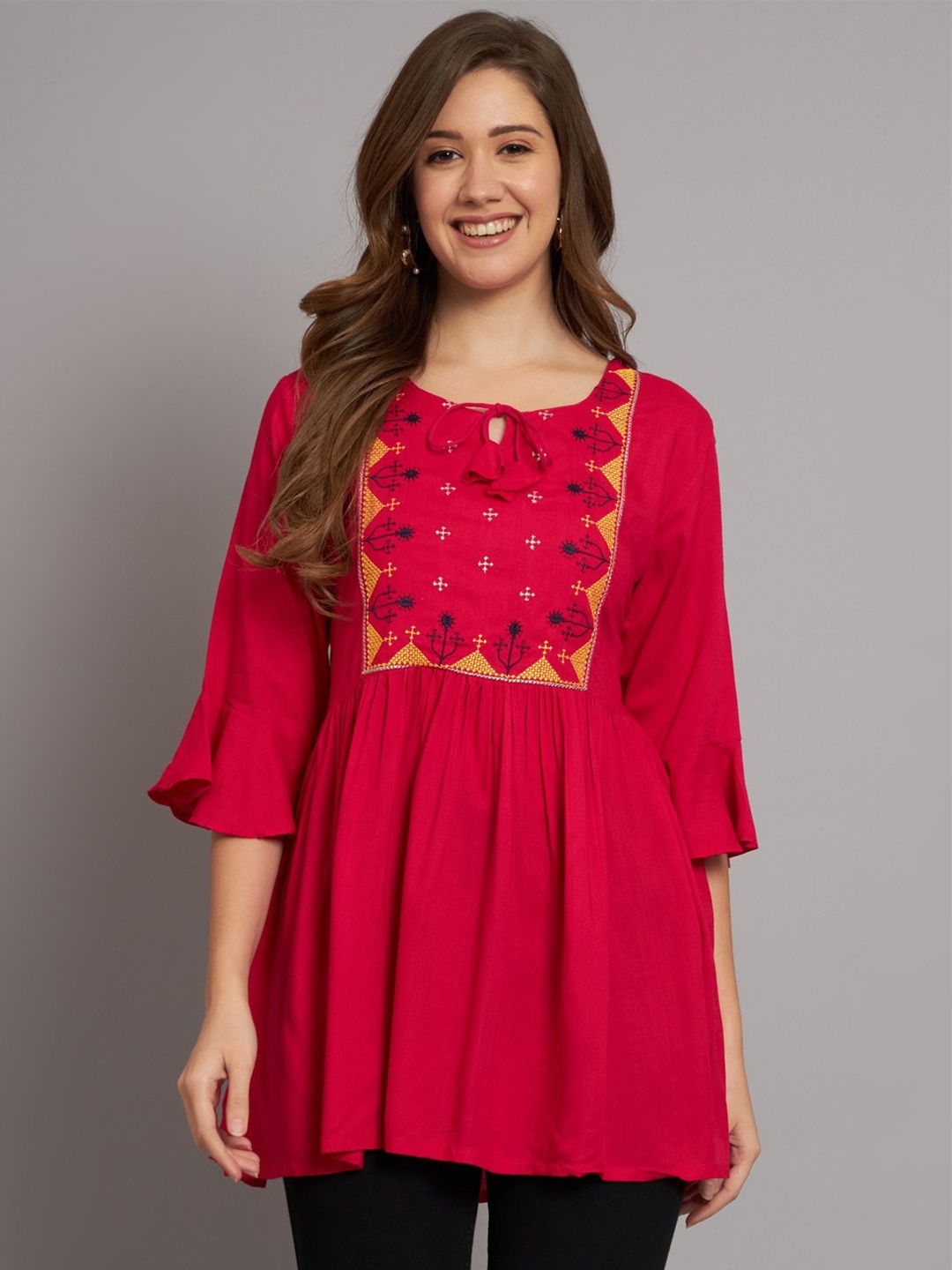 

Miramaar Ethnic Motifs Embroidered Tie-Up Neck A-Line Kurti, Pink