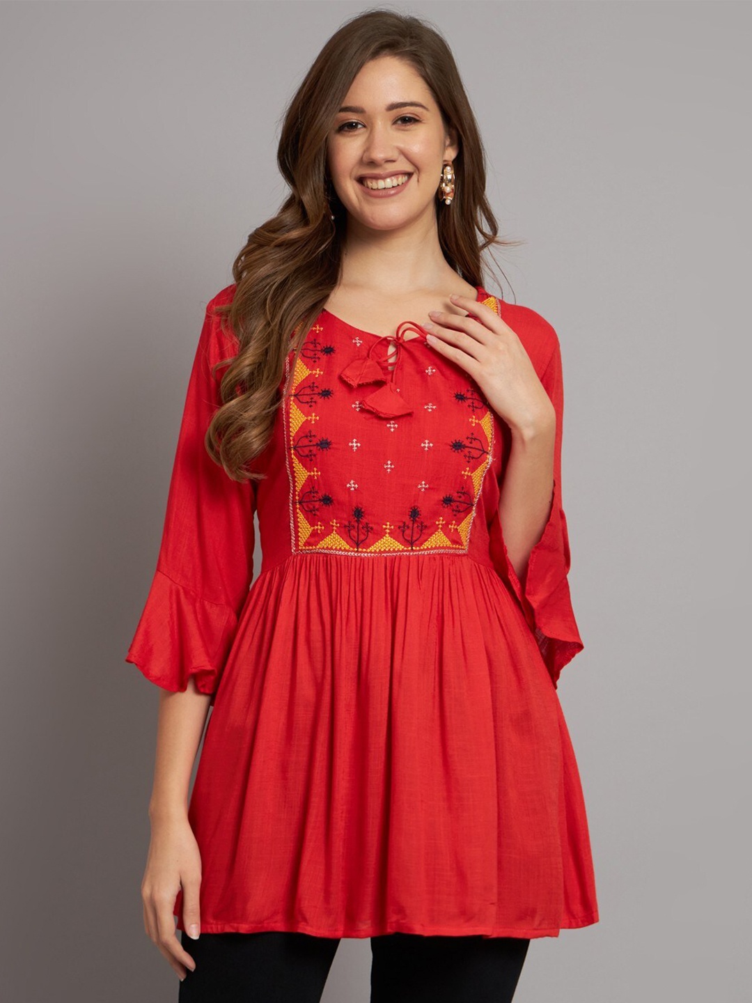 

Miramaar Ethnic Motifs Embroidered Tie-Up Neck A-Line Kurti, Red