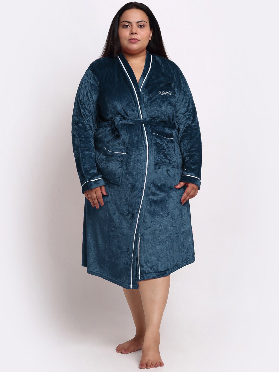 

KLOTTHE Plus Size Long Sleeved Wool Bath Robe With Belt, Turquoise blue