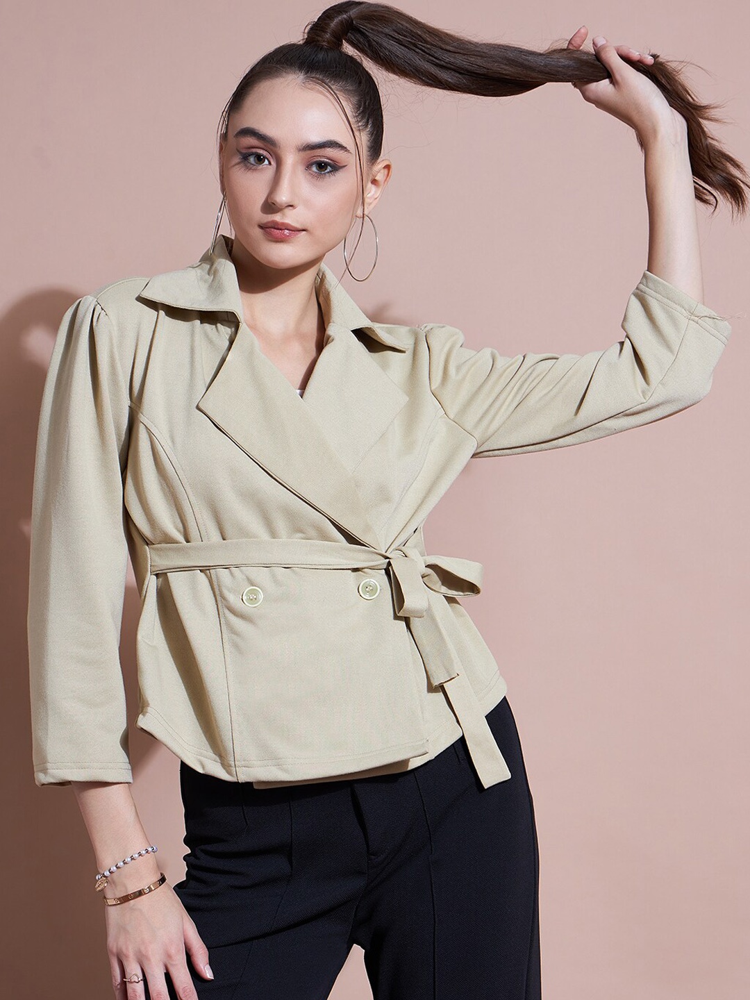 

DressBerry Beige Notched Lapel Collar Acrylic Double-Breasted Casual Blazers