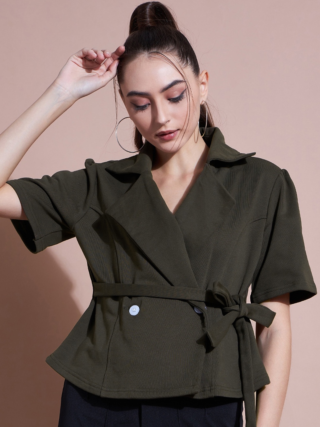 

DressBerry Self-Design Double-Breasted Blazers, Olive