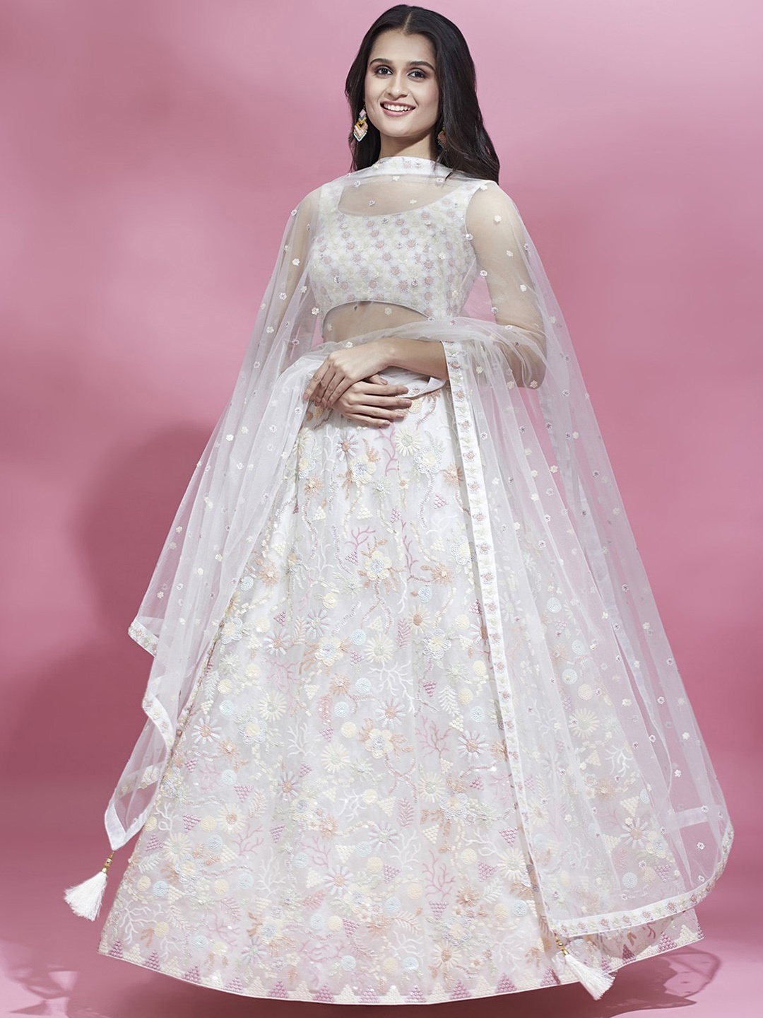 

panchhi Embroidered Sequinned Semi-Stitched Lehenga & Unstitched Blouse With Dupatta, Cream