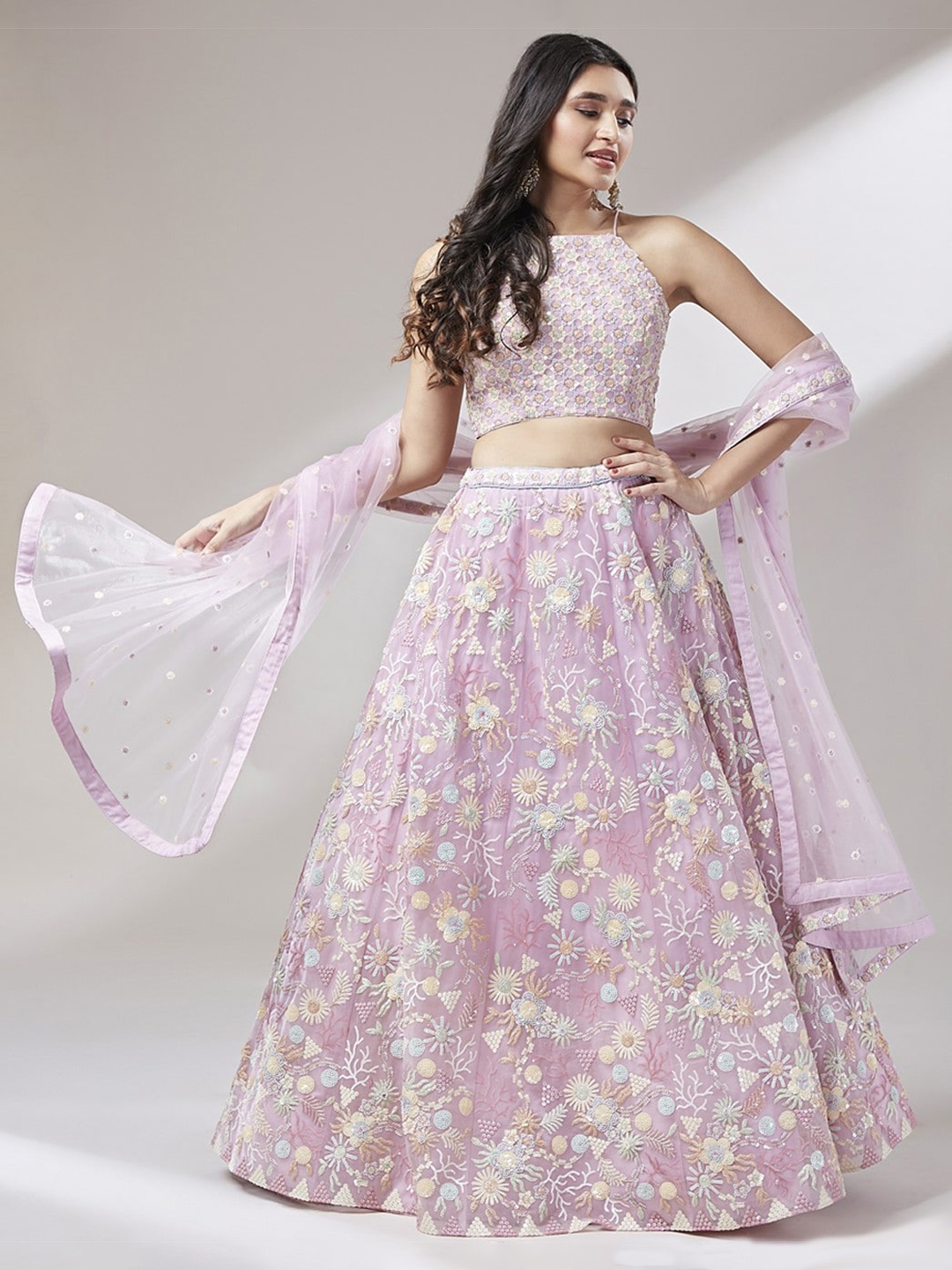 

panchhi Embroidered Sequinned Semi-Stitched Lehenga & Unstitched Blouse With Dupatta, Pink