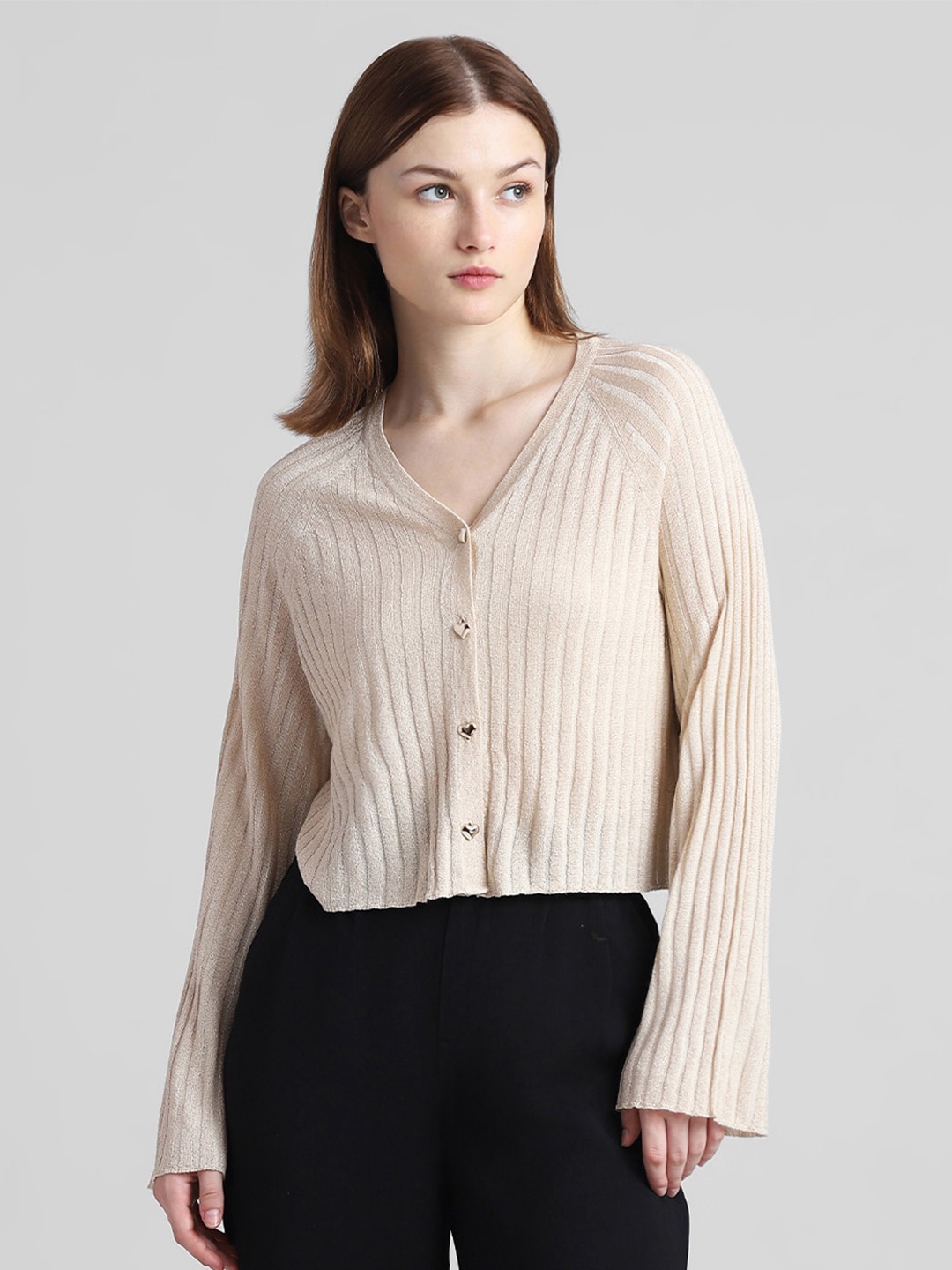 

ONLY Onlluna Lurex Ls Knit-In Striped Crop Cardigan, Beige