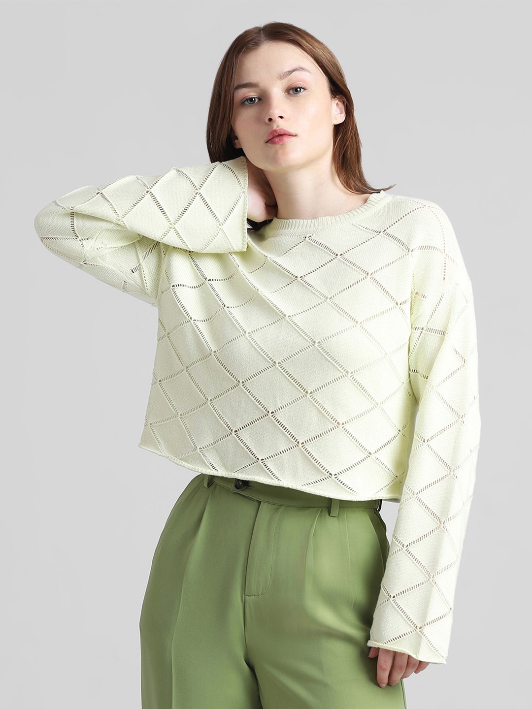 

ONLY Onlswing Ls Self Design Open-Knit Crop Pure Cotton Pullover Sweater, Green