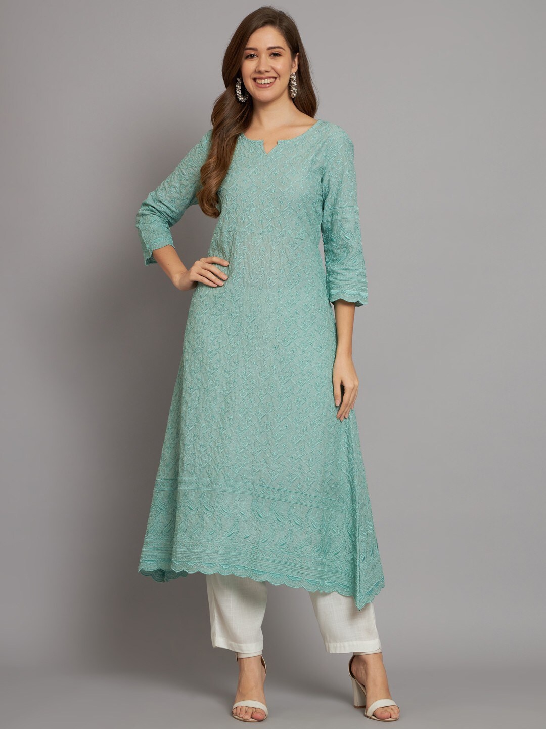 

Miramaar Floral Embroidered Cotton A-Line Kurtas, Sea green