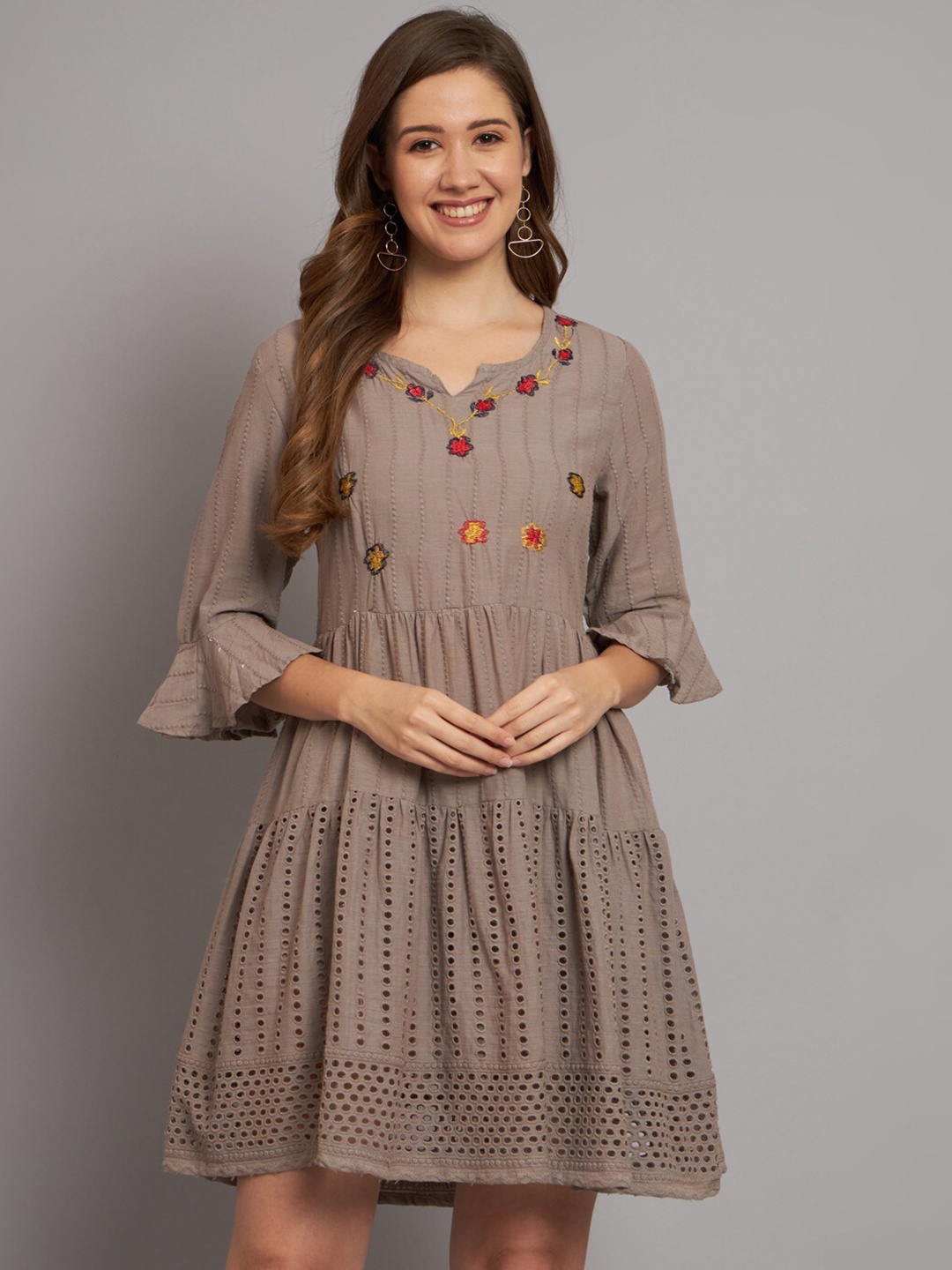 

Miramaar Floral Embroidered Bell Sleeve Cotton Schiffli A-Line Ethnic Dress, Grey