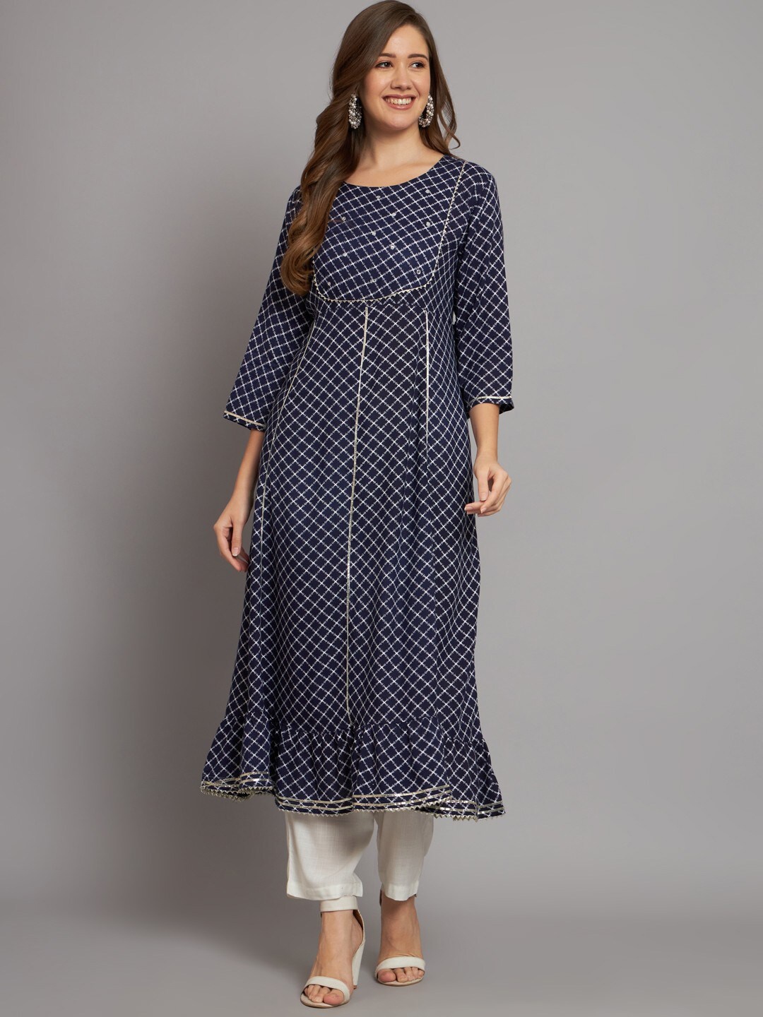 

Miramaar Geometric Printed Round Neck Gotta Patti Tiered A-Line Kurta, Navy blue