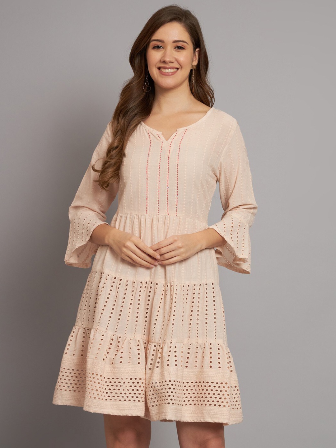 

Miramaar Bell Sleeves Schiffli Cotton A-Line Dress, Pink